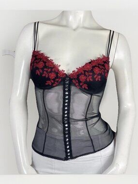 Delicates Black and Red Floral Lace Bustier Lattice Tie Up Mesh Y2K Medium